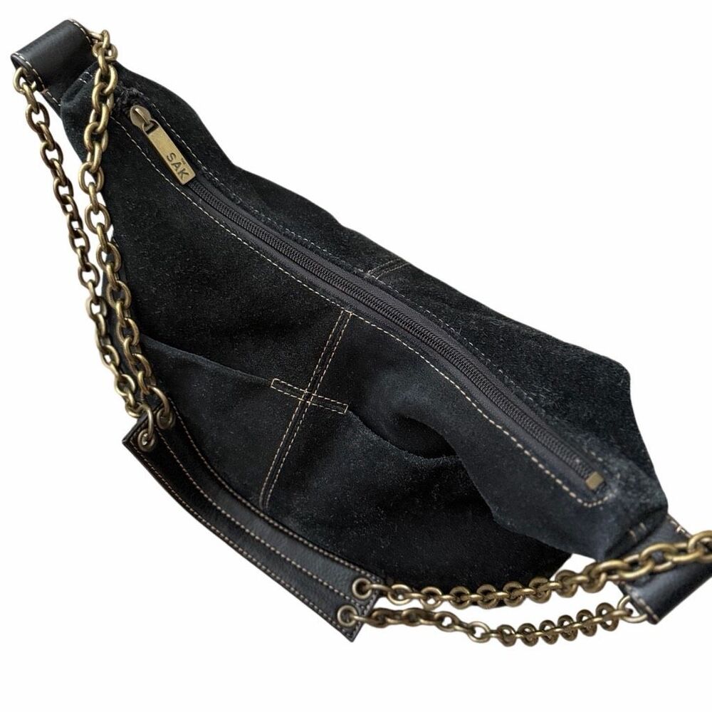Y2K The Sak Black Suede Leather Chain Strap Shoulder Hobo Bag Purse Vintage - Picture 5 of 16